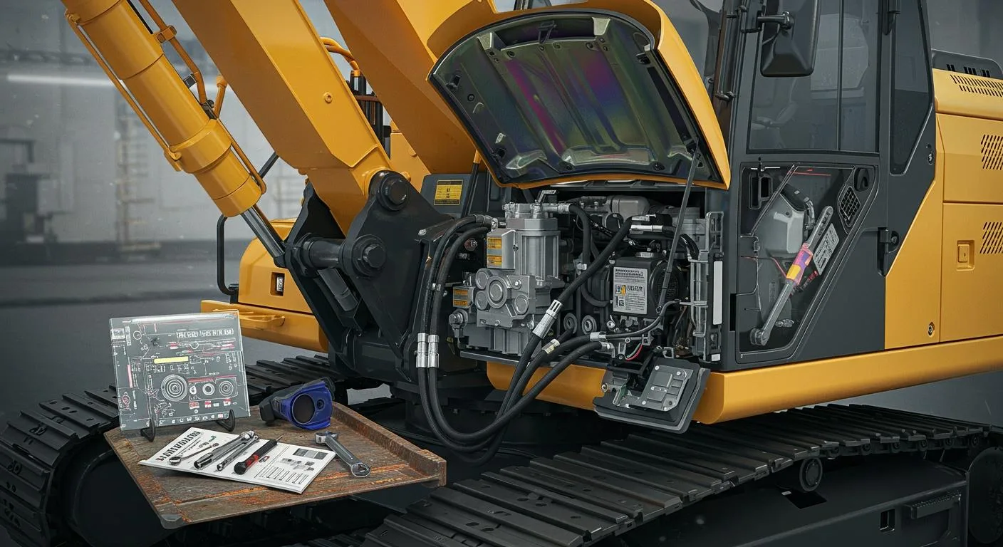 Yellow excavator on construction site where properly crimped hydraulic hoses are critical for safe operation