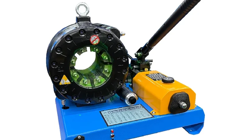 A portable hydraulic hose crimping tool for service trucks runs from 12V or battery.
