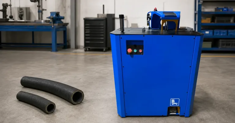 TRC C520A großer Schlauchschneider mit zwei industriellen Schlauchabschnitten als Größenvergleich