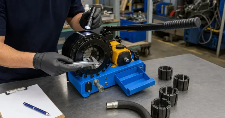 Technicien inspectant le siège de matrice d'une sertisseuse hydraulique manuelle de flexible usagée avec un pied à coulisse et une lampe de poche